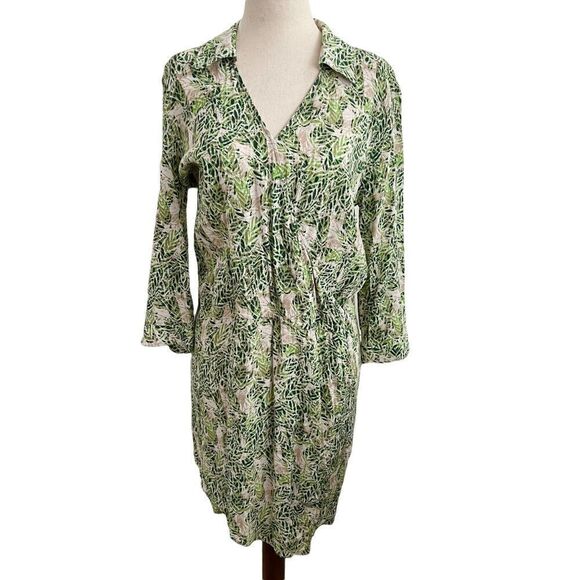 CAbi Style 280 Green + Tan Leaf Print Faux Wrap Dress w/ Collar Small - Picture 1 of 9